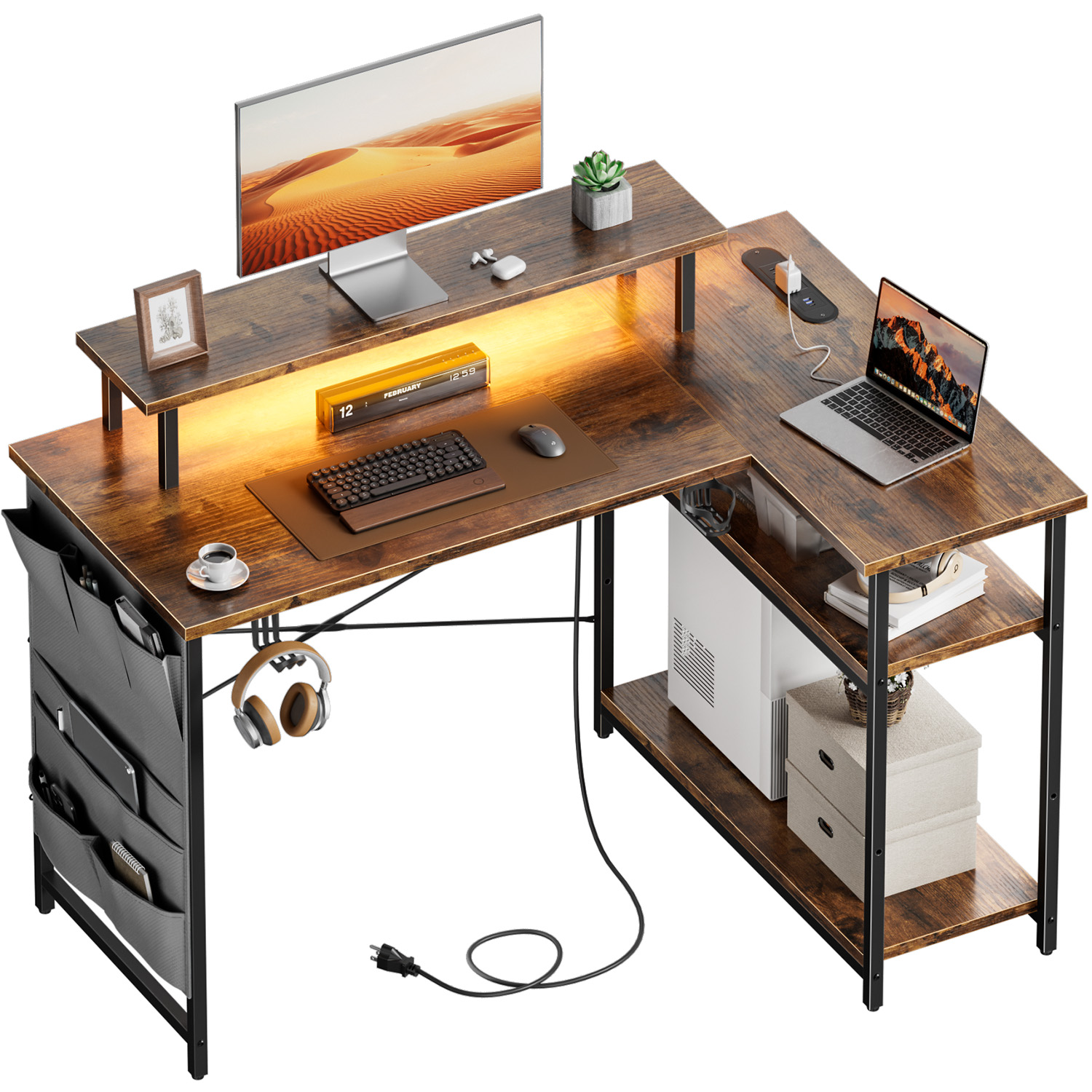 Office Furniture Suppliers - L-förmiger Computertisch mit Steckdosen und LED-Beleuchtung,